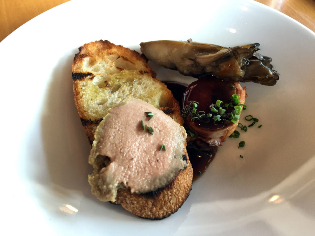 Bacon-wrapped duck heart with liver toast