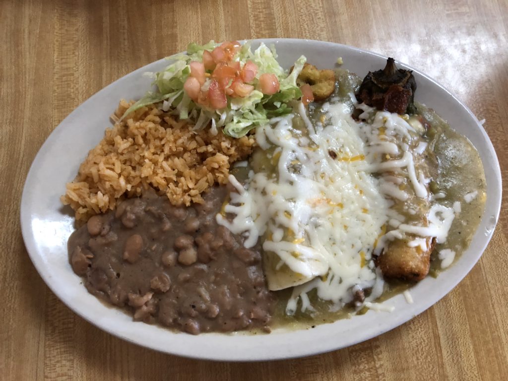 green chile beef enchilada and chile rellano