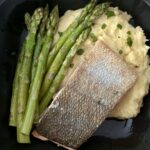 skin-on salmon, Italian polenta and parm asparagus