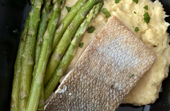 skin-on salmon, Italian polenta and parm asparagus